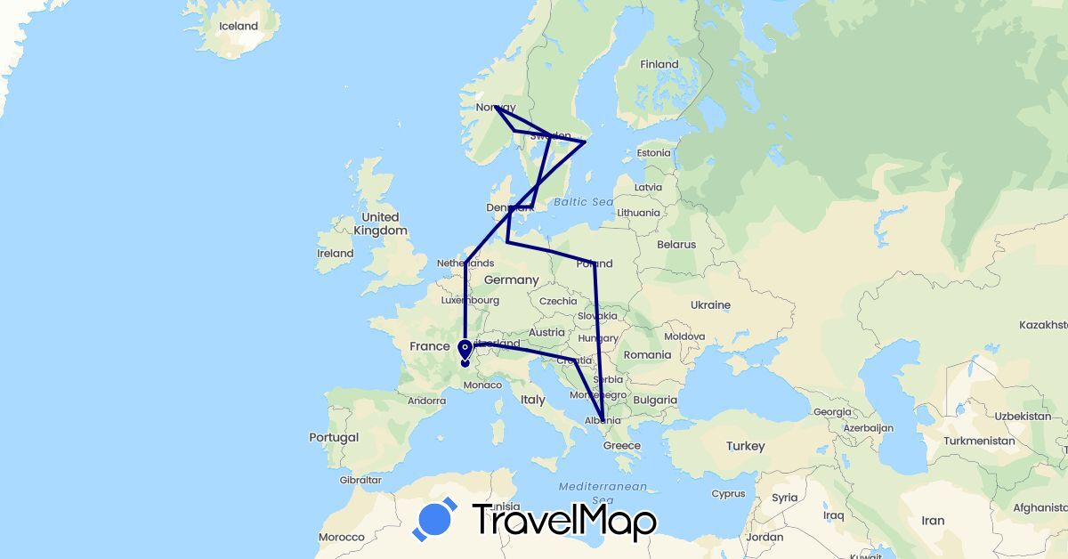 TravelMap itinerary: driving in Albania, Switzerland, Germany, Denmark, France, Croatia, Hungary, Italy, Netherlands, Norway, Poland, Sweden (Europe)